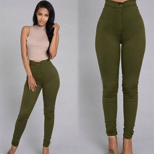 MONO//FIT women's elastic jeans in olive green with a high waist and slim fit design