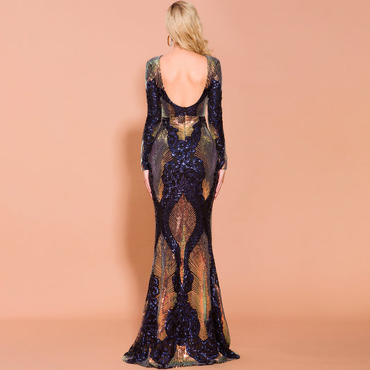 Stunning MONO//FIT women's evening gown online with a deep back and sequined design