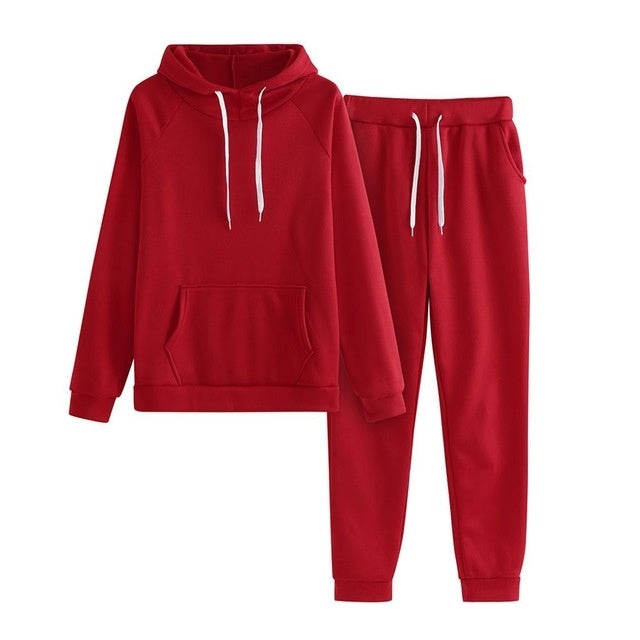 MONO//FIT women's fitness sets in red featuring a cozy hoodie and matching joggers