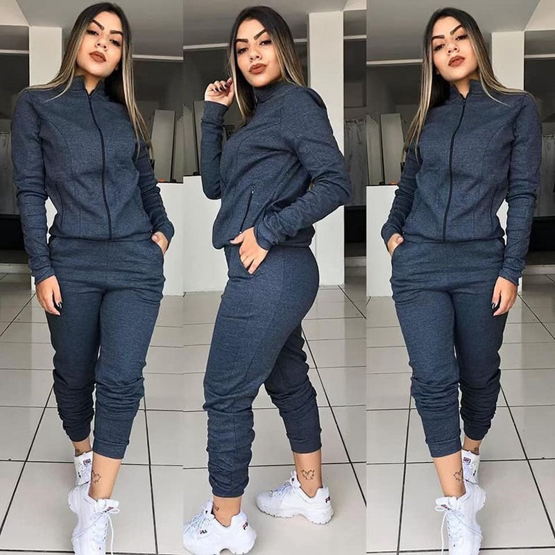 MONO//FIT women's fitness twinset in gray with zip-up jacket and tapered pants