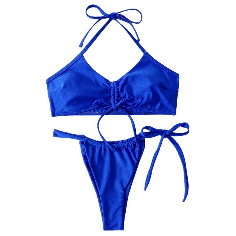 Bright blue women's halter bikini set with adjustable ties for a perfect fit at the beach