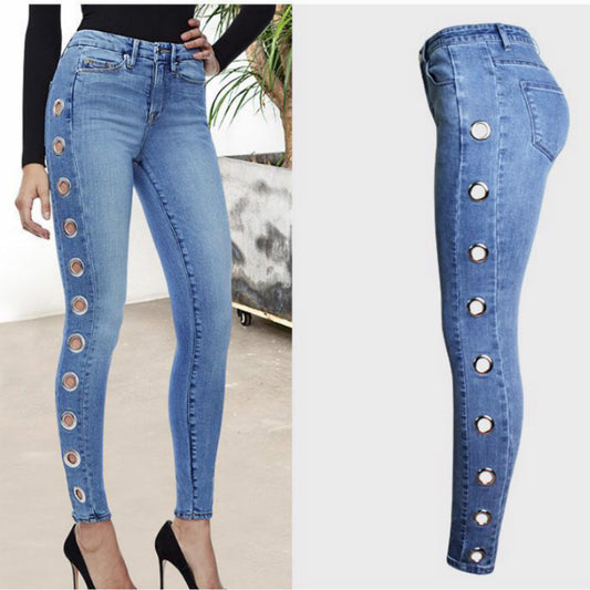 MONO//FIT women's hoop jeans in light blue with stylish button details on the sides