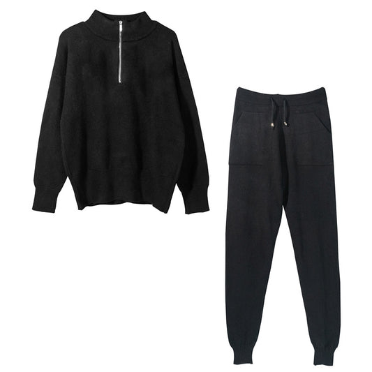 MONO//FIT women's knitted two piece set featuring a zip-up sweater and matching jogger pants in black