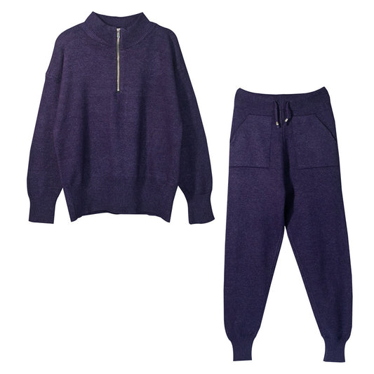 MONO//FIT women's knitted two piece set in dark purple with zip-up top and matching pants