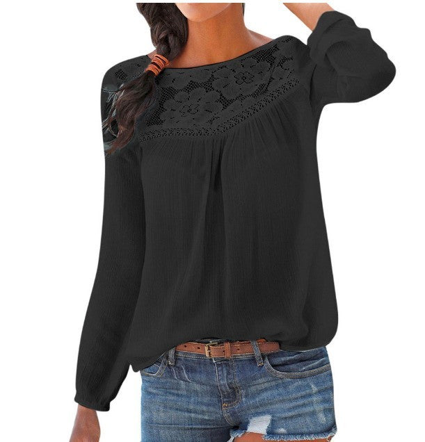 Black women's lace patchwork shirt with long sleeves and a relaxed fit for casual wear
