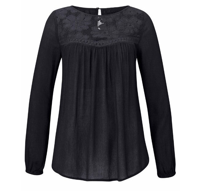 MONO//FIT women's lace patchwork shirt in black with long sleeves and a flowy silhouette
