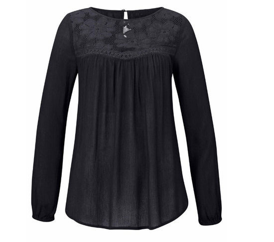 MONO//FIT women's lace patchwork shirt in black with long sleeves and a flowy silhouette