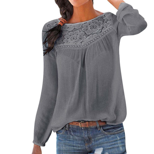 MONO//FIT women's lace patchwork shirt in gray with stylish long sleeves