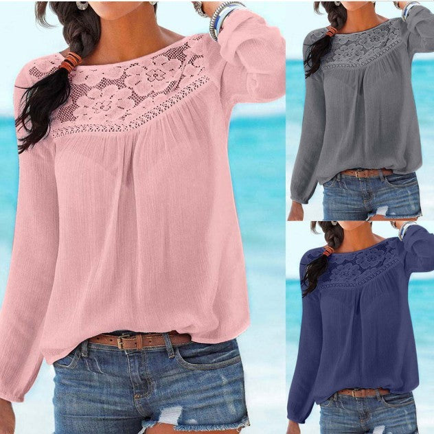 Three colors of MONO//FIT women's lace patchwork shirt featuring a stylish design and relaxed fit