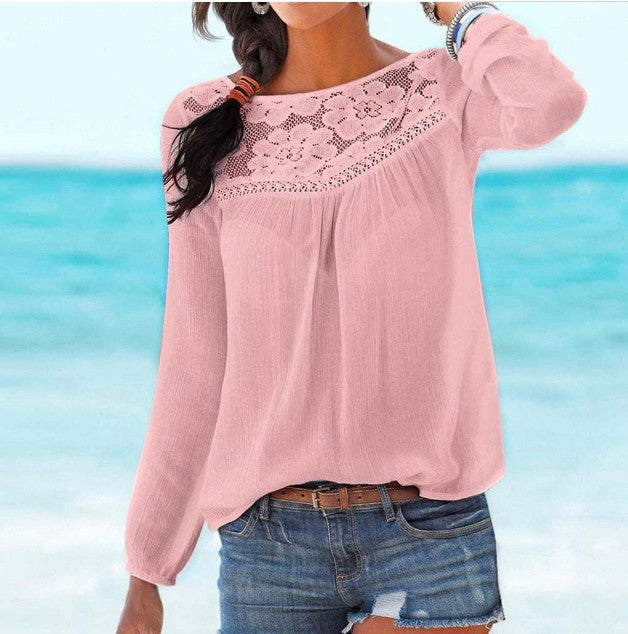 MONO//FIT women's lace patchwork shirt in soft pink with long sleeves and floral design