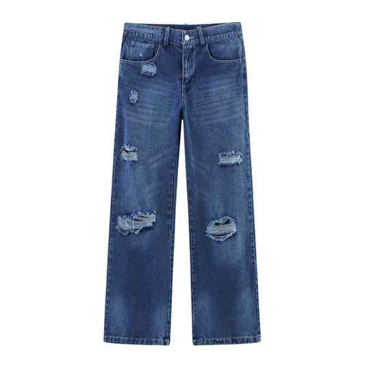 Women's ripped jeans in dark blue with distressed details and a relaxed fit