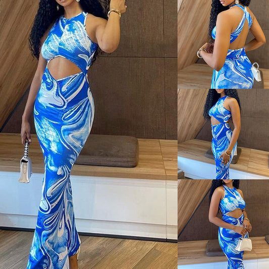 MONO//FIT women's sexy package hip dress in blue marble print with cut-out details