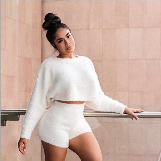 MONO//FIT women's velvet two-piece set in white featuring a stylish cropped top and matching shorts